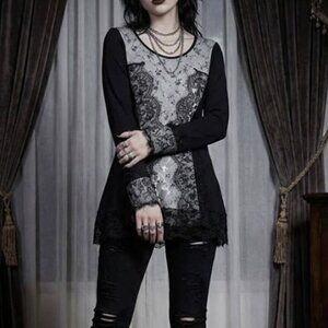 TRICOTTO Womens L Tunic Lace Mesh Sheer Sleeve‎ Black White Top Whimsygoth